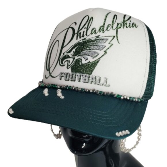 Philadelphia Football Green & Wht Fitted Adj. Cap Beads,Shiny Ltrg & Swark Cry. - Picture 5 of 7